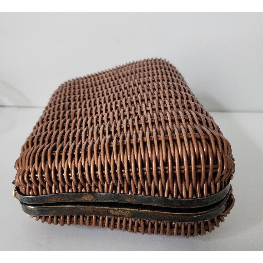 Vintage Tandem Faux Straw Bag Crossbody Purse Chain Strap Brown Gold Retro - Picture 12 of 16